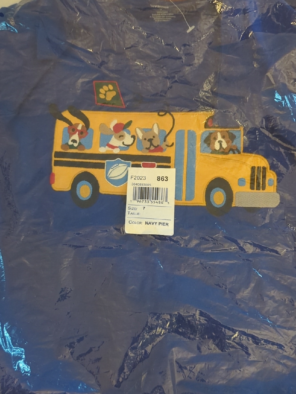 Kids' Navy Blue T-Shirt with Yellow School Bus Puppy Graphic